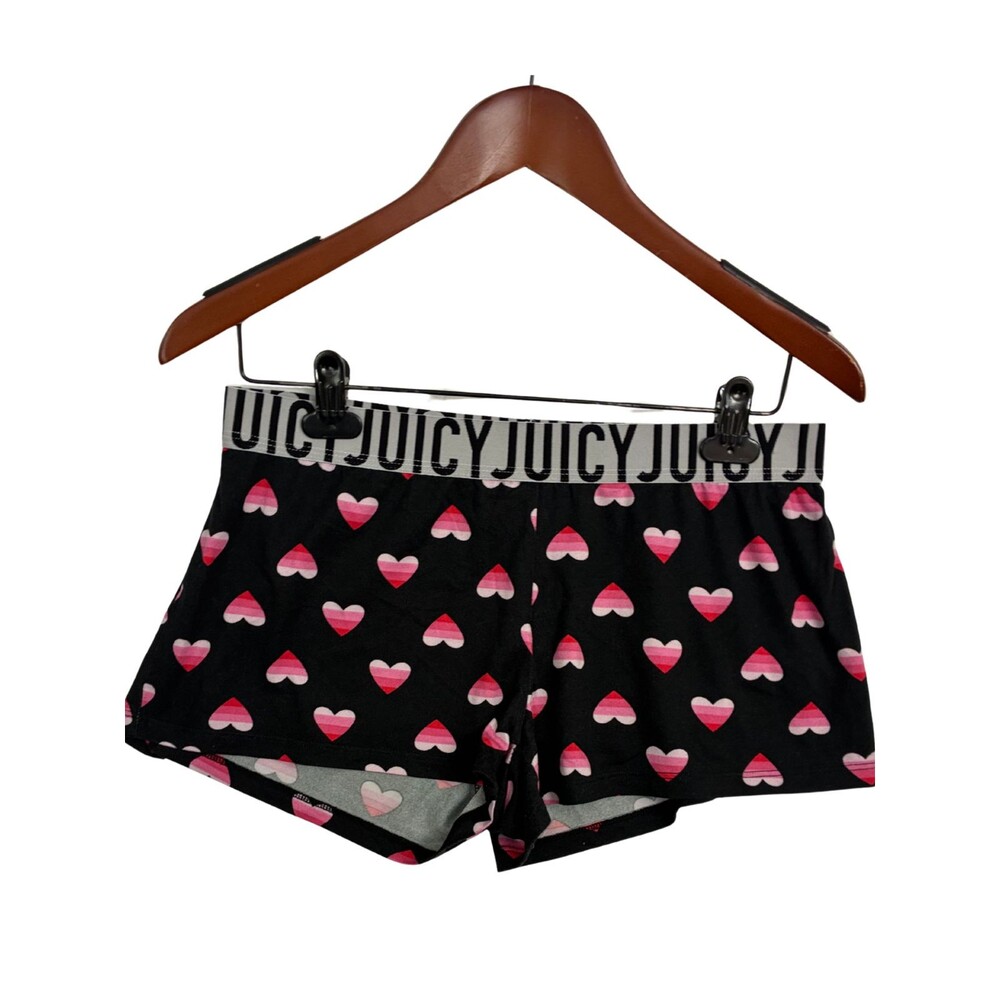 Juicy Couture Womens Sleep Shorts Black Pink Heart Print Logo Waistband Pajama